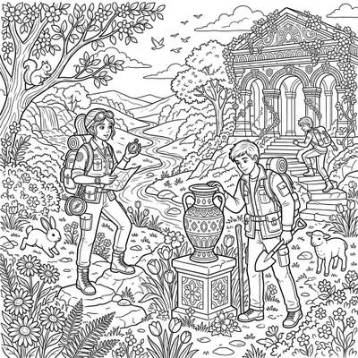 Join our intrepid Relic Retrievers on an exciting spring expedition, seeking ancient treasures amidst blooming nature. This intricate coloring page captures the thrill of discovery in a vibrant, reawakening landscape.