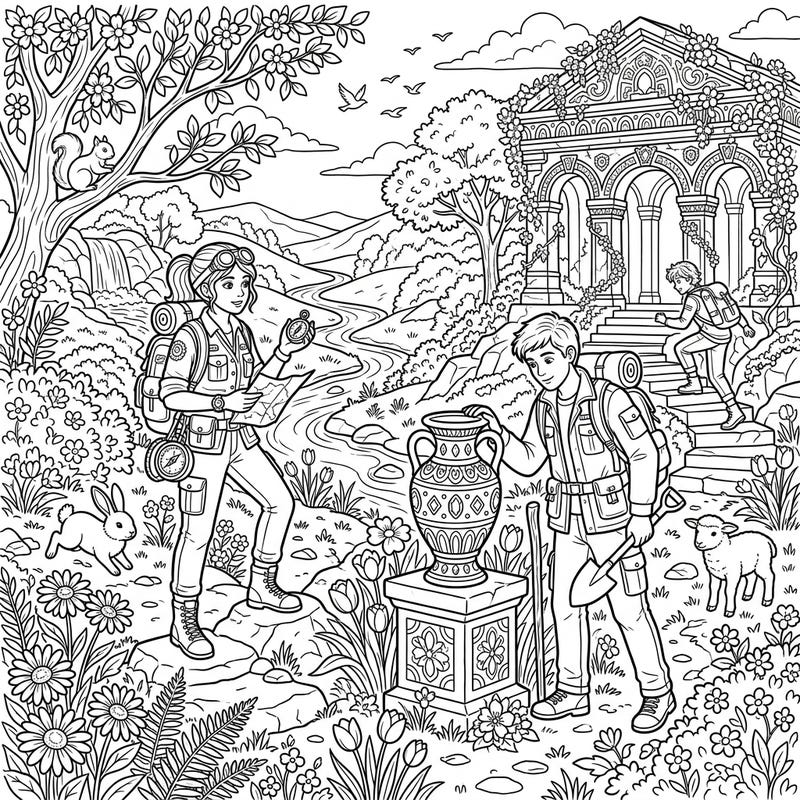 Join our intrepid Relic Retrievers on an exciting spring expedition, seeking ancient treasures amidst blooming nature. This intricate coloring page captures the thrill of discovery in a vibrant, reawakening landscape.