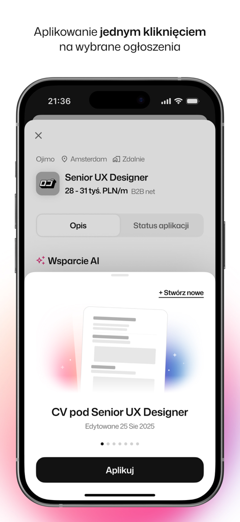 Rocket - Asystent Kariery - Rocket app interface showing a one-click job application with AI-tailored CV for a Senior UX Designer role