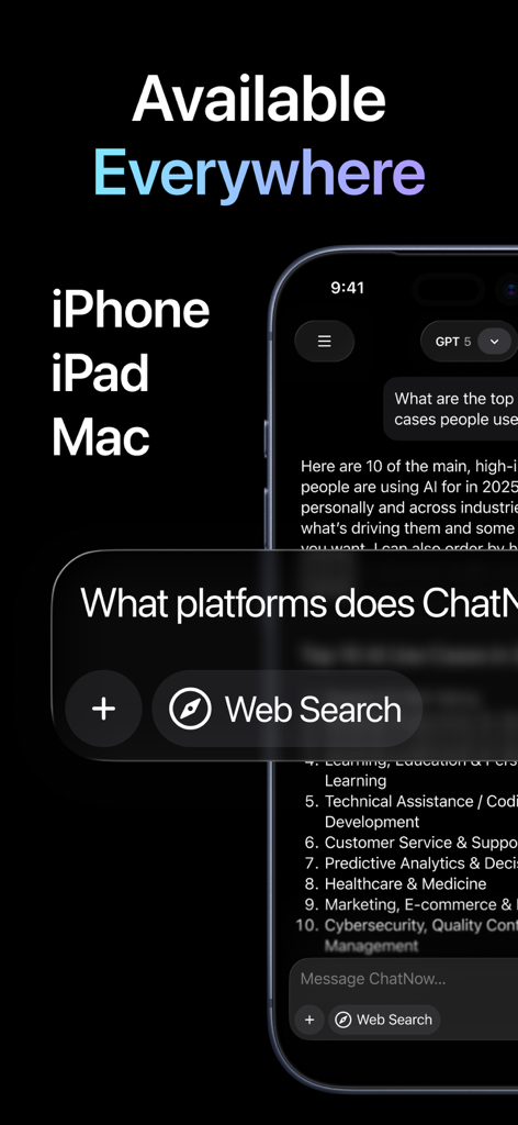 AI Chat Assistant – ChatNow - AI Chat Assistant app interface showing cross platform availability for iPhone iPad and Mac with a web search feature
