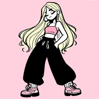 girl in baggy pants crop top and long hair
