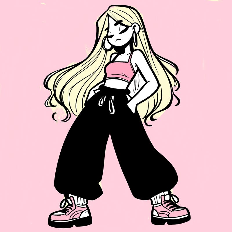girl in baggy pants crop top and long hair