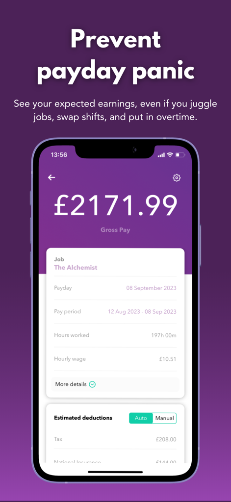 wac - shift & earnings tracker - The wac app interface displaying gross pay and estimated tax deductions for an hourly worker