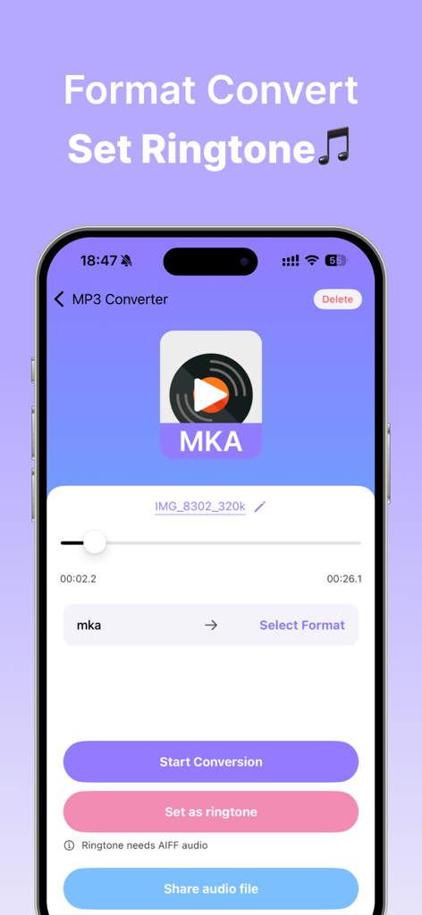 MP3 Converter - Video to MP3 - Bildschirm der MP3 Converter App mit Optionen zur Konvertierung von Audioformaten und zum Festlegen benutzerdefinierter Klingeltöne