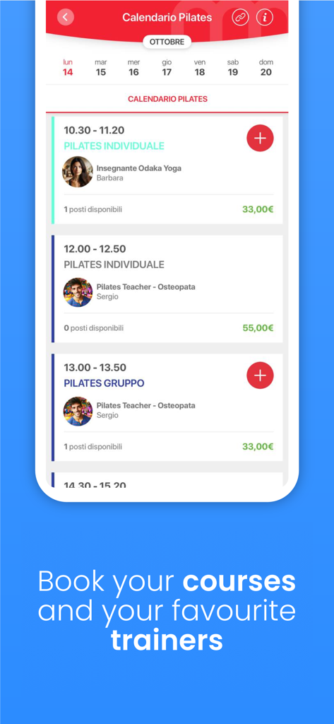 Interface da aplicação móvel Sportclubby mostrando um calendário de aulas de Pilates com sessões e treinadores disponíveis.