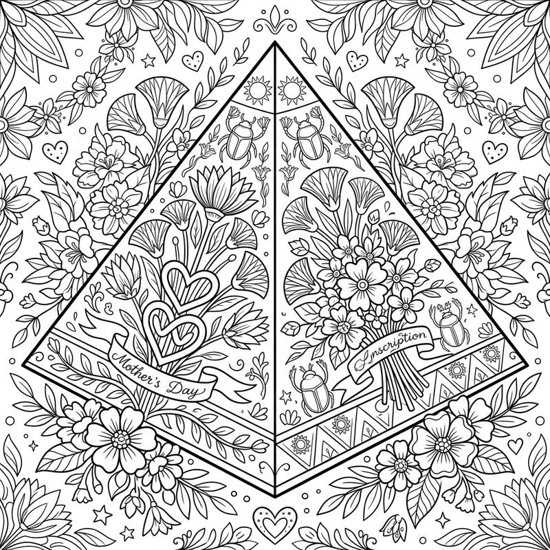 Discover a unique Mother's Day coloring experience with this elegant pyramidion design. It beautifully combines ancient Egyptian symbolism with loving floral motifs, perfect for a thoughtful gift or relaxing activity.
