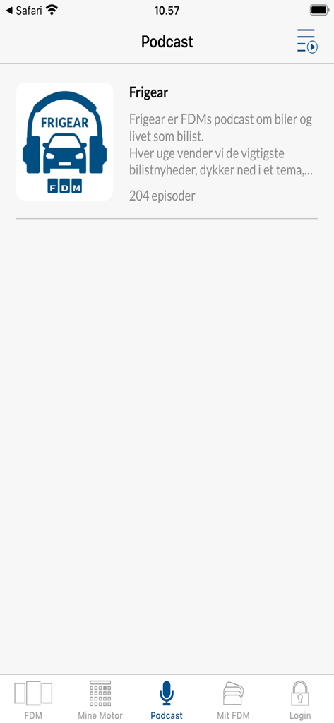 FDM - Motor - Mobile app interface for FDM Motor showing the Frigear automotive podcast section