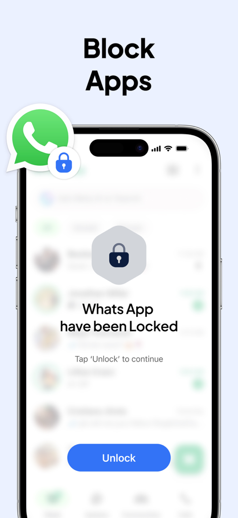 Super App Lock: Lock Apps - A smartphone screen showing a locked WhatsApp application interface with a secure lock icon and an unlock button.