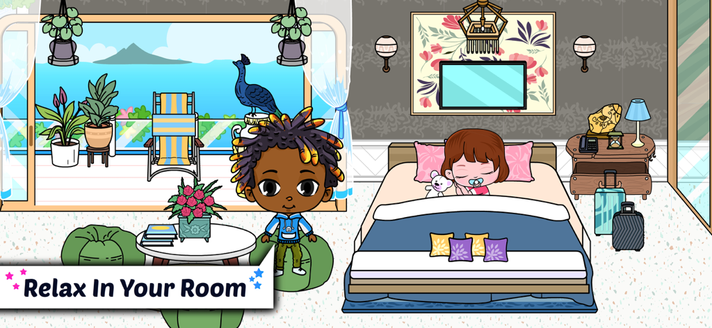 Tizi Home Design My Hotel City Gameplay mit einem luxuriösen Schlafzimmer mit malerischem Balkonblick