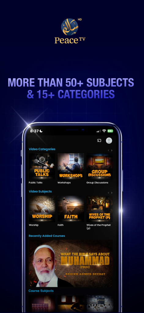 Peace TV mobile app interface displaying video categories like public talks and workshops and religious subjects such as worship and faith