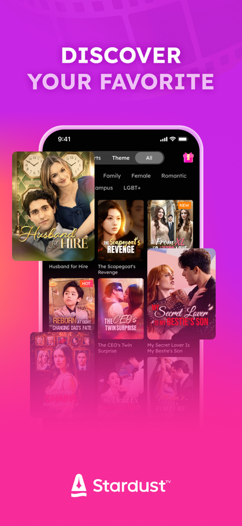 StardustTV mobile app screen showing a collection of short drama posters like Husband for Hire and The Scapegoats Revenge with the text Discover Your Favorite
