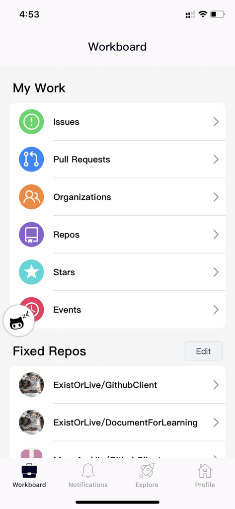 ZLGithubClient - Interface do aplicativo ZLGithubClient mostrando o Quadro de Trabalho com atalhos para Issues, Pull Requests, Organizações e Repositórios Fixados.