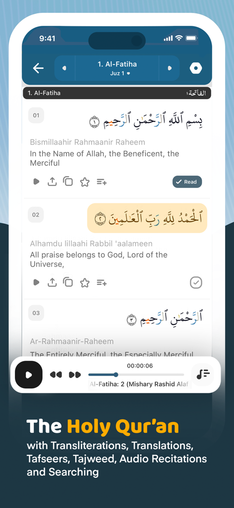 Muslim Mate: Azan Times, Quran - The Holy Quran screen in the Muslim Mate app showing Arabic verses with English translations and audio recitation controls.