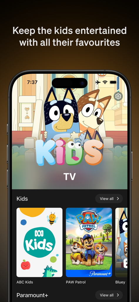 Bluey 및 PAW Patrol과 같은 인기 쇼를 특징으로 하는 Qantas Entertainment 앱 키즈 섹션 스크린샷