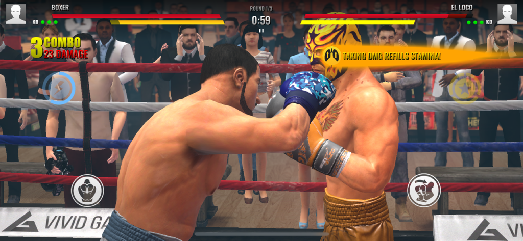 Realistic boxing match gameplay in Real Boxing 2 showing two fighters in the ring with a crowd background
