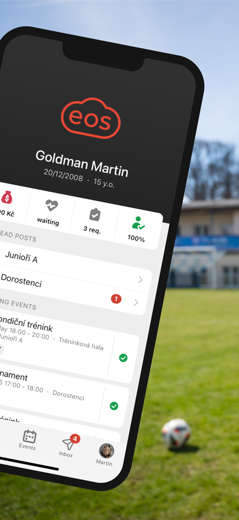 EOS for clubs and communities - EOS app interface showing a sports athlete profile and training schedule on a smartphone over a soccer field background