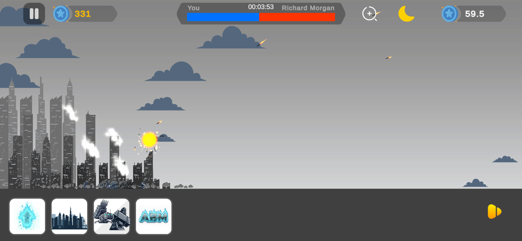 Gameplay screenshot showing a city defense system intercepting incoming missiles with explosive effects