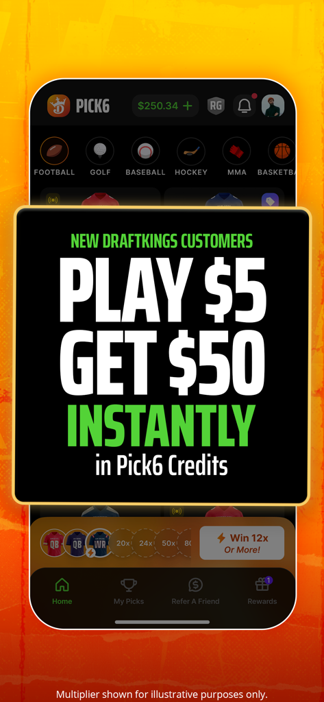 Pick6 DraftKings Fantasy Picks - A promotional banner for DraftKings Pick6 app offering new customers 50 dollars in credits for a 5 dollar initial play.