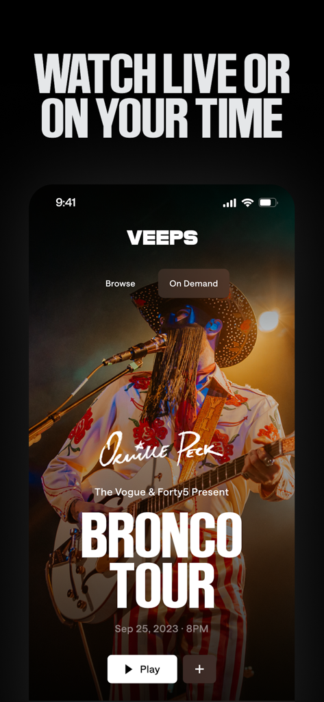 Veeps: Watch Live Music - Interfaz móvil de la aplicación Veeps que muestra un concierto en vivo de Orville Peck con una opción para verlo a pedido