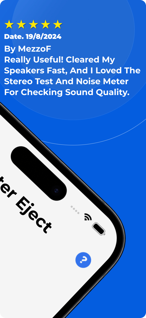 Water Eject Shortcut - A 5-star user review for the Water Eject Shortcut app highlighting its effectiveness in clearing speakers and its useful noise meter features.