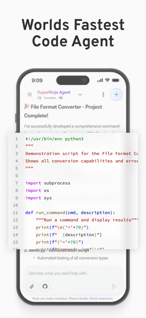 Pantalla de smartphone que muestra la interfaz del agente SuperNinja de Ninja AI con código Python para un convertidor de formato de archivo.