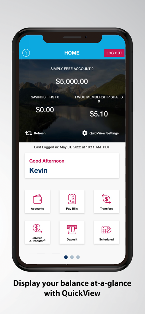 Envision Financial mobile app home screen displaying account balances with QuickView feature
