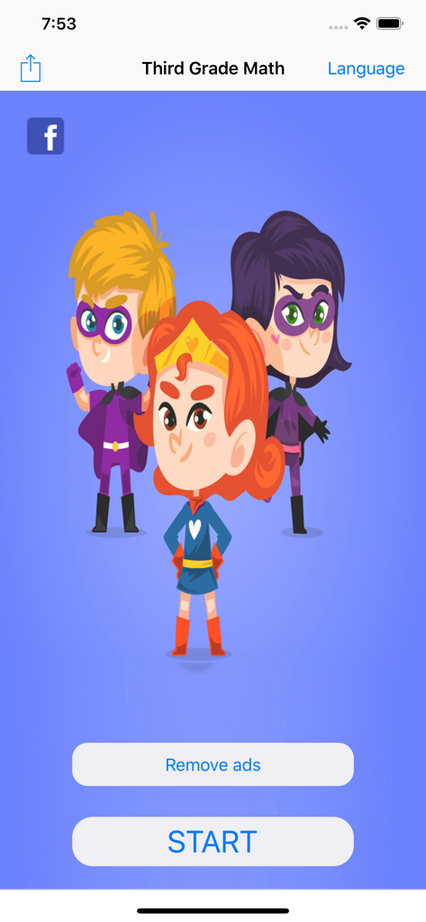Main menu of the Third Grade Math Quiz app featuring cartoon superhero characters and a start button.