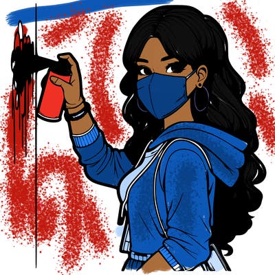 realistic girl with mask spray painting a wall