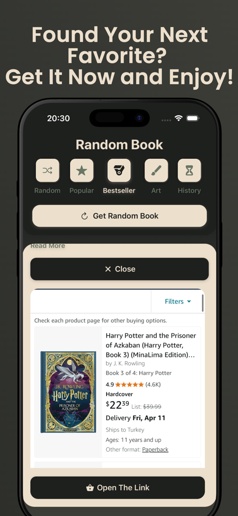 Random Book: Book Picker - Interfaz de la aplicación Random Book Picker mostrando una recomendación del libro Harry Potter en la categoría de bestseller.