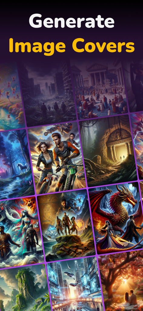 A grid of diverse AI generated story cover images showing different genres like fantasy sci-fi and romance