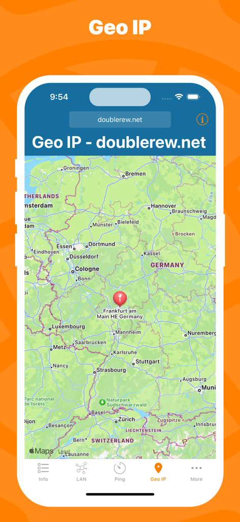 Interface of Network Utility Pro showing the Geo IP tool with a map location marker in Germany.