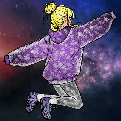 realistic girl jumping with a bun and oversized sweatshirt