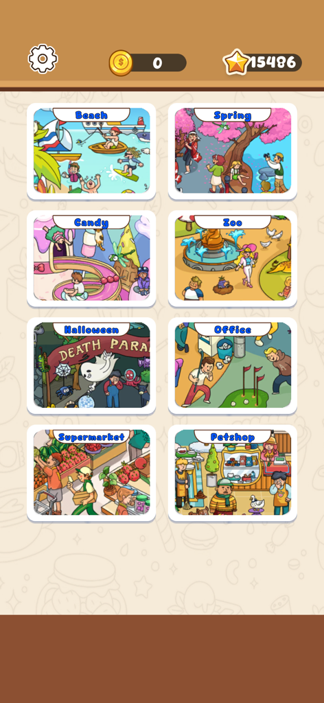 Sticker Puzzle: Colorful Book - ビーチやハロウィンなどのさまざまなイラストテーマを示す、ステッカーパズル カラフルブックのレベル選択メニュー