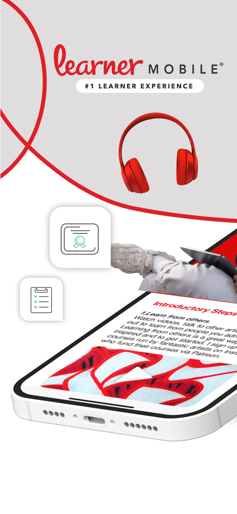 Learner Mobile app marketing graphic featuring a training video on a smartphone, red headphones, and icons for certifications and checklists.