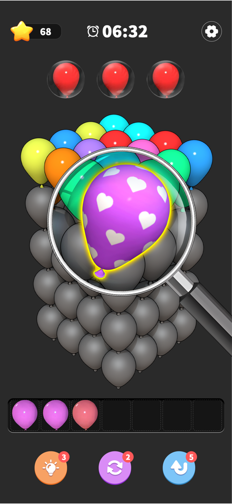 Balloon Triple Match: Match 3D - A magnifying glass highlighting a purple balloon with white hearts in a 3D matching puzzle game screen.