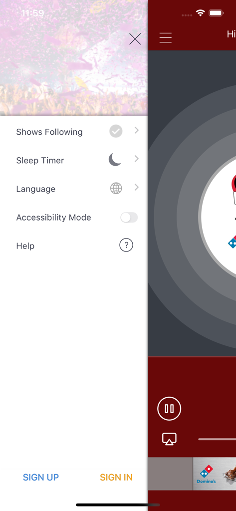 Hit Radio MAX FM - Menú lateral de la aplicación Hit Radio MAX FM que muestra opciones de navegación como temporizador de apagado, configuración de idioma y botones de inicio de sesión.