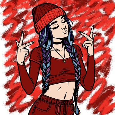 realistic teenage girl with braids and a beanie and crop top doing 🫶🏼