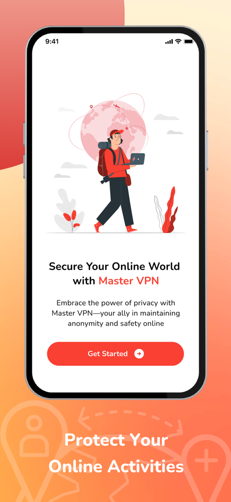 VPN Super-Fast Unlimited Proxy - Master VPN app screen featuring a digital nomad illustration and the text Secure Your Online World