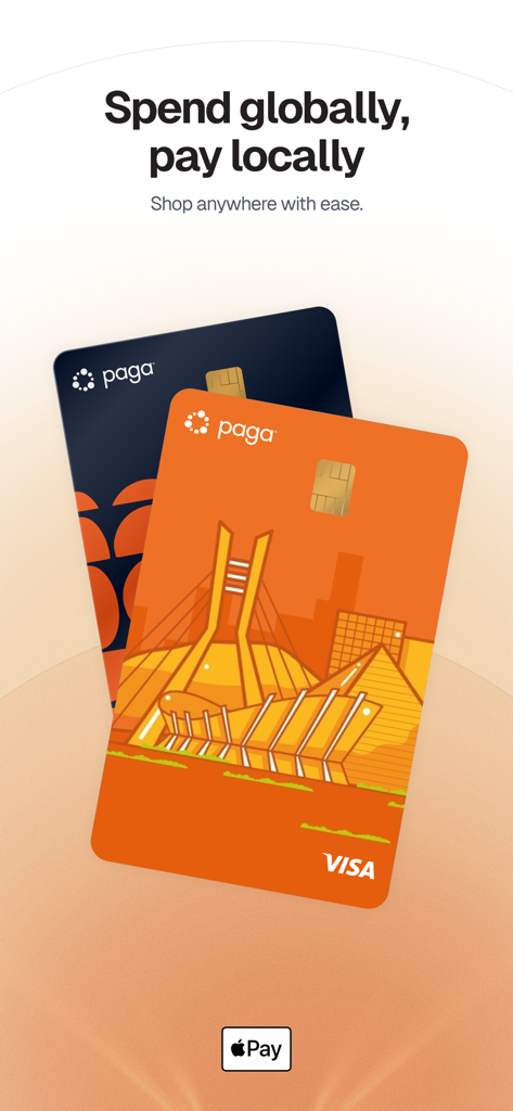 Two Paga Visa debit cards with a Nigerian landmark design and Apple Pay logo.