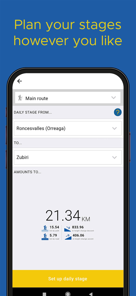 Interface of the Buen Camino app stage planner showing distance and elevation for a route from Roncesvalles to Zubiri.