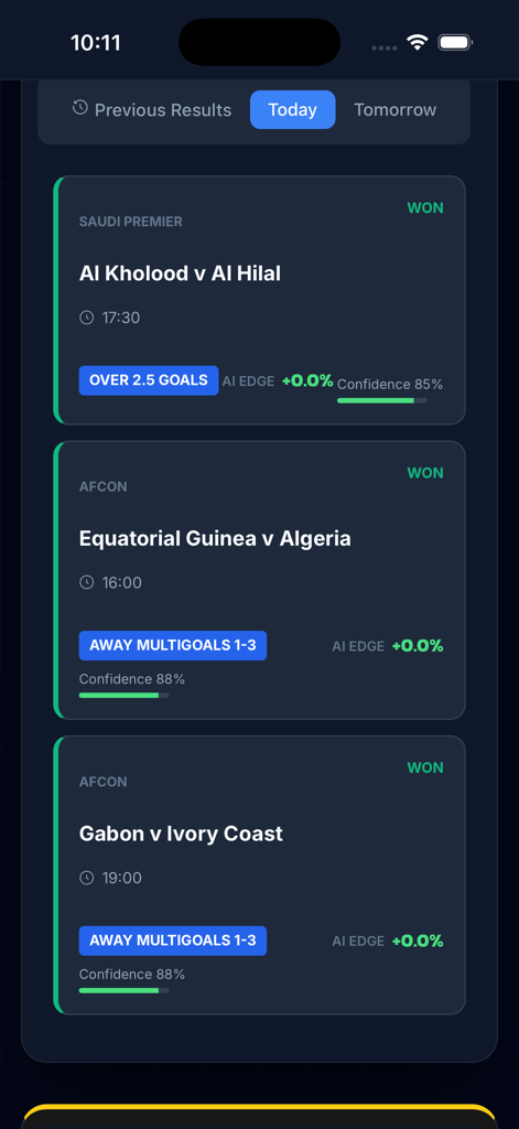 AiPredict - Football & Crypto - Aplicación AiPredict que muestra pronósticos diarios de partidos de fútbol con índices de confianza de IA y resultados ganadores.