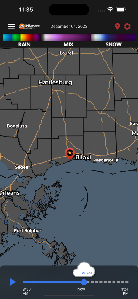 WXXV Weather app interactive radar map for the Mississippi Gulf Coast area showing Biloxi and surrounding regions