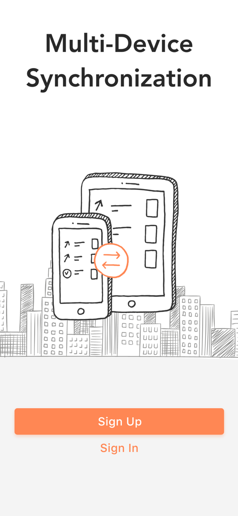 Doc Fax - Mobile Fax App - Una ilustración que muestra un teléfono inteligente y una tableta sincronizando datos de fax sobre un horizonte urbano