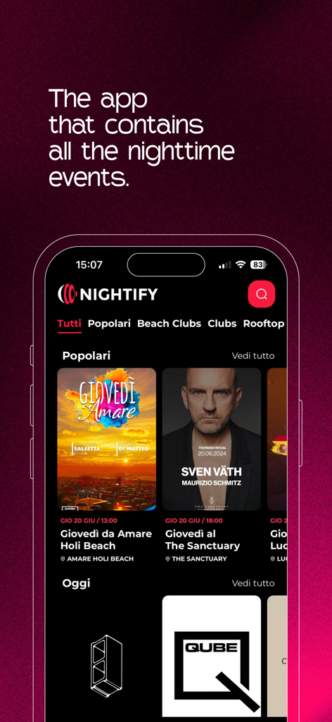 Nightify: events and tickets - L'écran d'accueil de l'application Nightify montrant les événements populaires à Rome, y compris les clubs de plage et les sets de DJ
