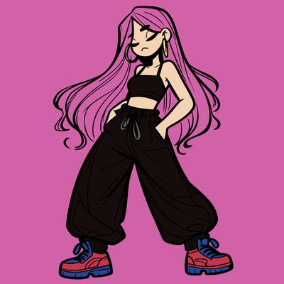 girl in baggy pants crop top and long hair