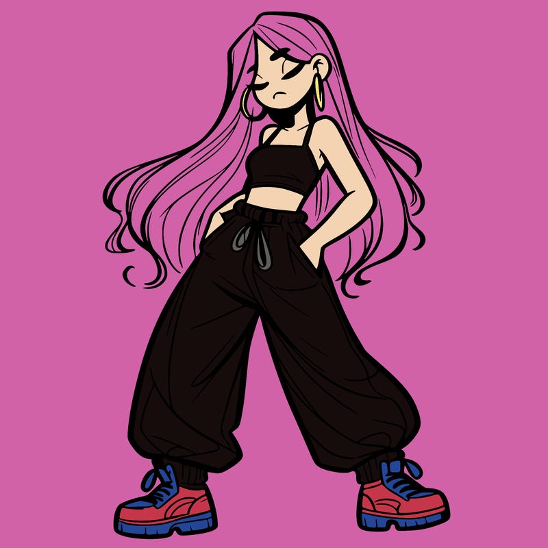 girl in baggy pants crop top and long hair