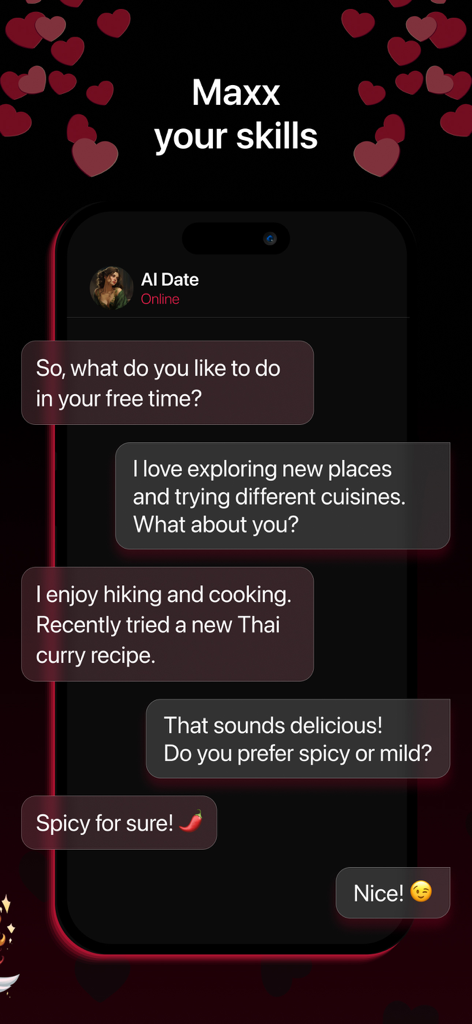 A smartphone screen displaying a practice conversation with an AI character in the Mr Rizz app to improve dating skills