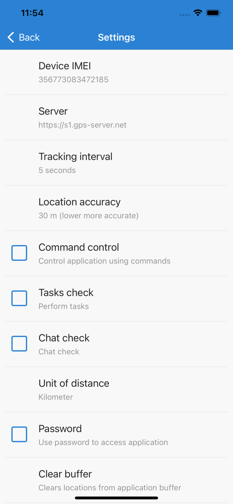 GPS Tracker - Mobile Tracking - Settings menu for GPS Tracker app showing device configuration tracking interval and location accuracy options