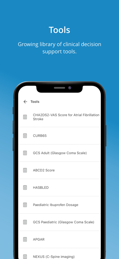 A smartphone screen displaying a list of clinical decision support tools like medical scores and dosage calculators