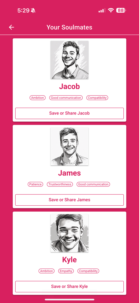 Mobile app screen showing three hand-sketched soulmate portraits named Jacob, James, and Kyle with personality traits.